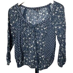 American Eagle Boho Peasant Blouse Lace Up Floral Top XS Cottagecore Romantic
